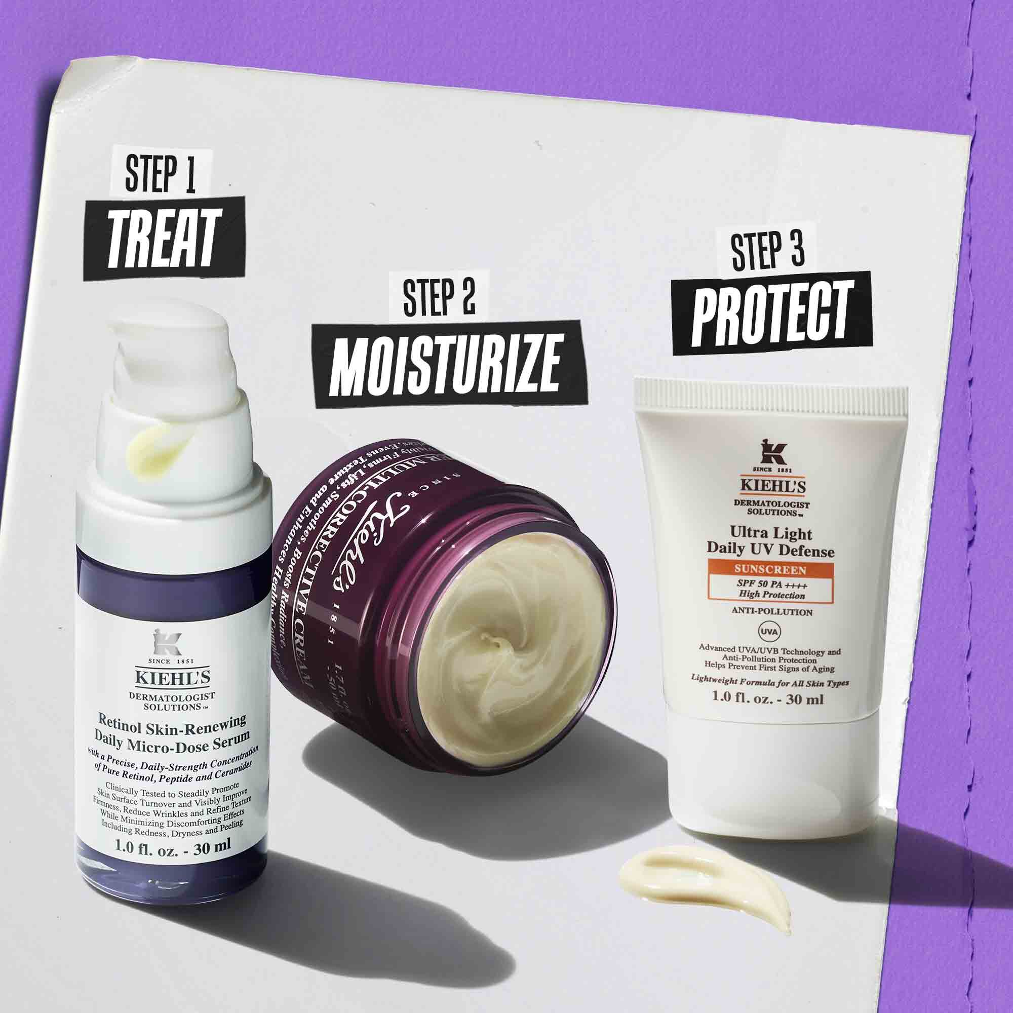 Илюстрация на рутина с Retinol Skin Renewing Daily Microdose – почистване, грижа, грижа за очите, защита