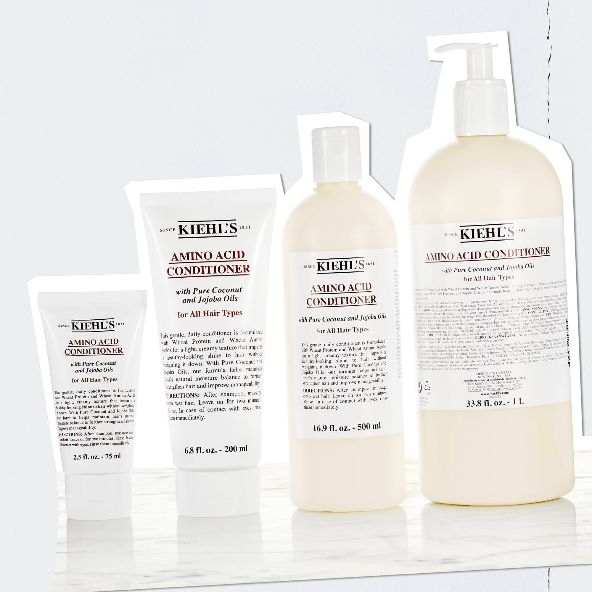 Бутилки Kiehl's Amino Acid Conditioner в размери от 2.5 fl. oz. – 75 ml до 33.8 fl. oz. – 1 L