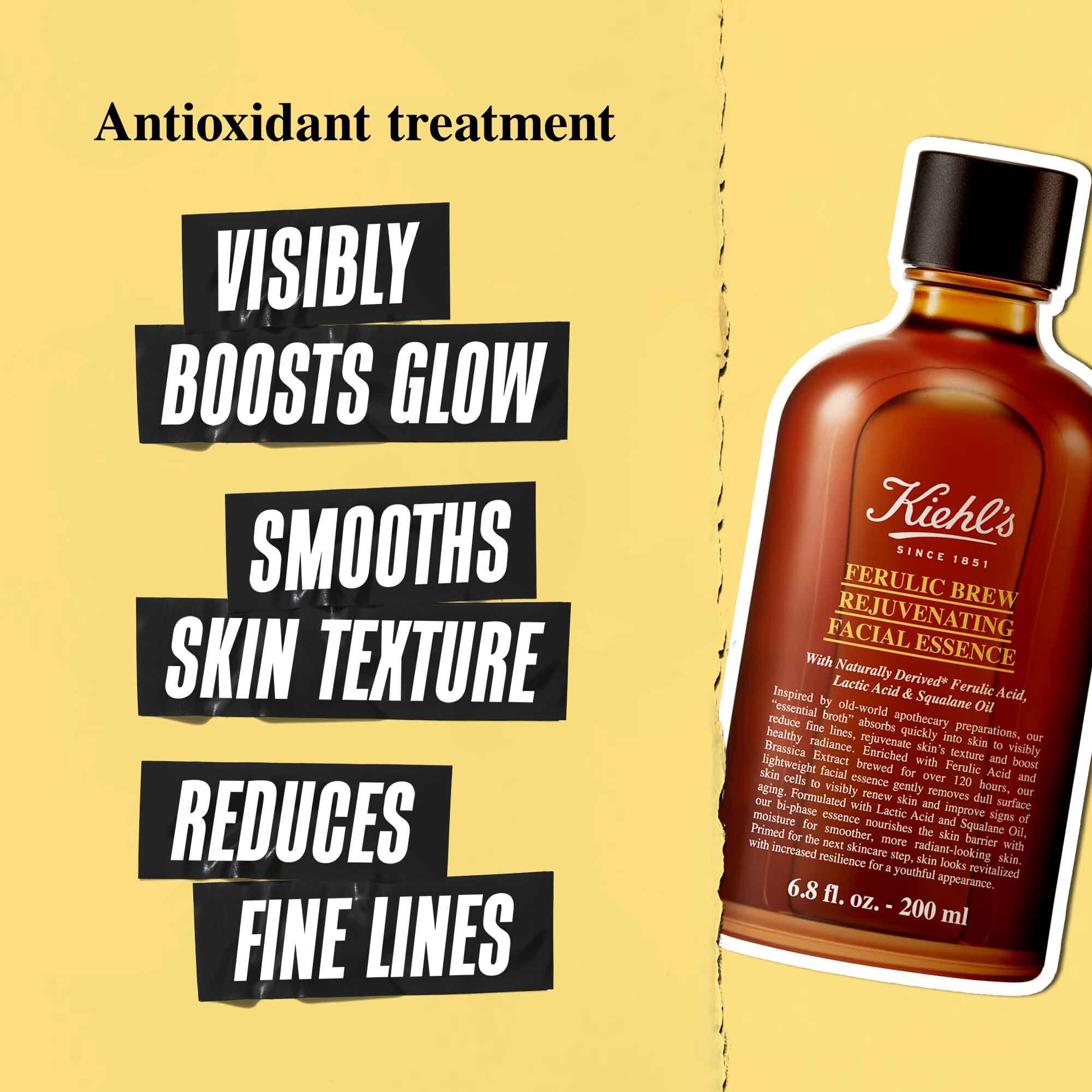 A graphic featuring  a bottle of Kiehl's Ferulic Brew Facial Essence . On the left, the text "Antioxidant treatment" is at the top, followed by three text boxes: "VISIBLY BOOSTS GLOW," "SMOOTHS SKIN TEXTURE," and "REDUCES FINE LINES." 