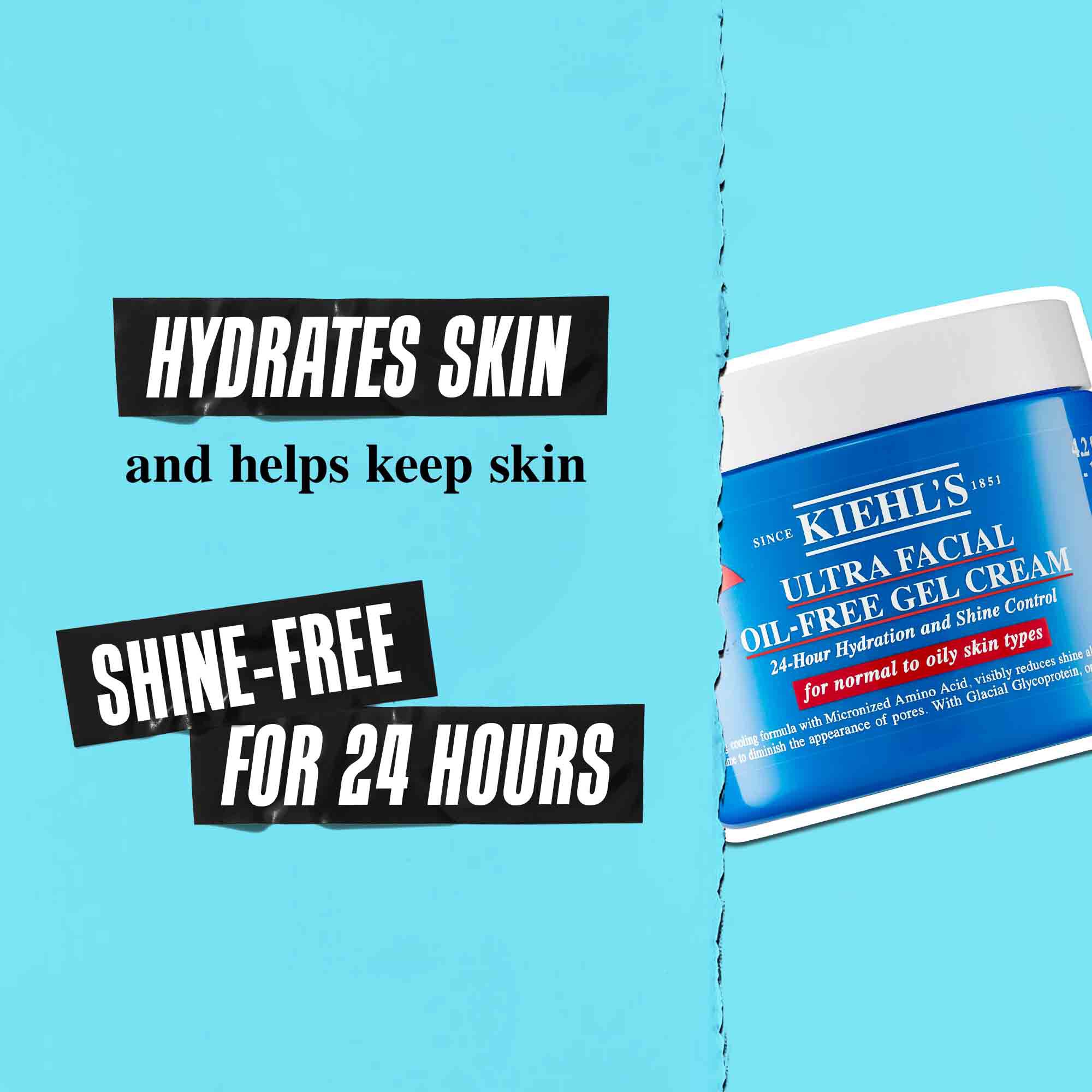 Бурканче Ultra Facial Oil-Free Gel Cream на син фон с текст: „Хидратира кожата и помага да се запази без лъщене за 24 часа.“