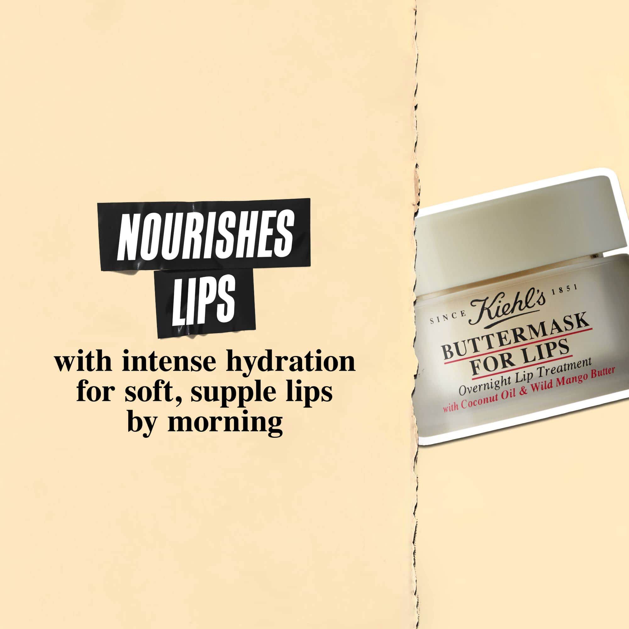A graphic featuring a text box that reads "NOURISHES LIPS with intense hydration for soft, supple lips by morning" on the left, and a jar of Kiehl's Buttermask For Lips on the right. The entire image is set against a beige background.