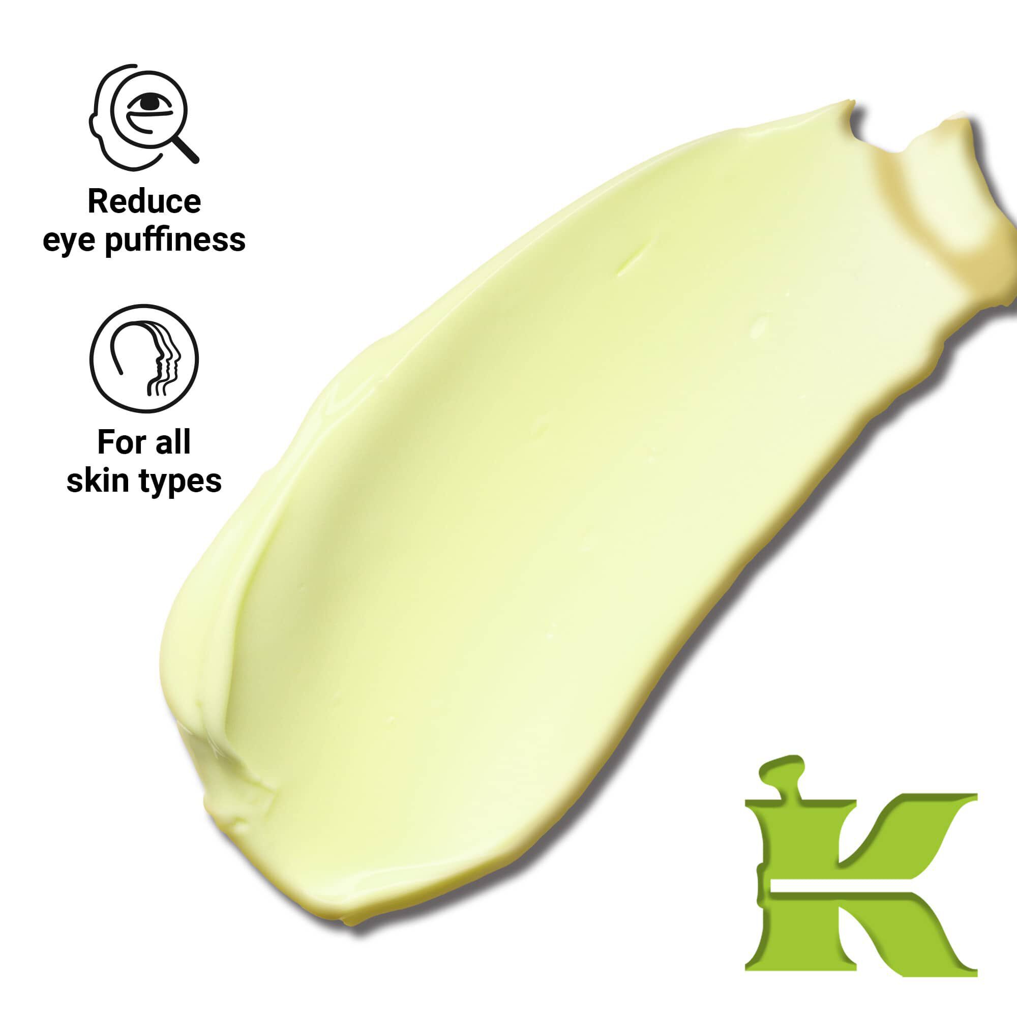 Снимка на текстурата на продукта с икони - намалява подпухналостта на очите и е подходящ за всеки тип кожа