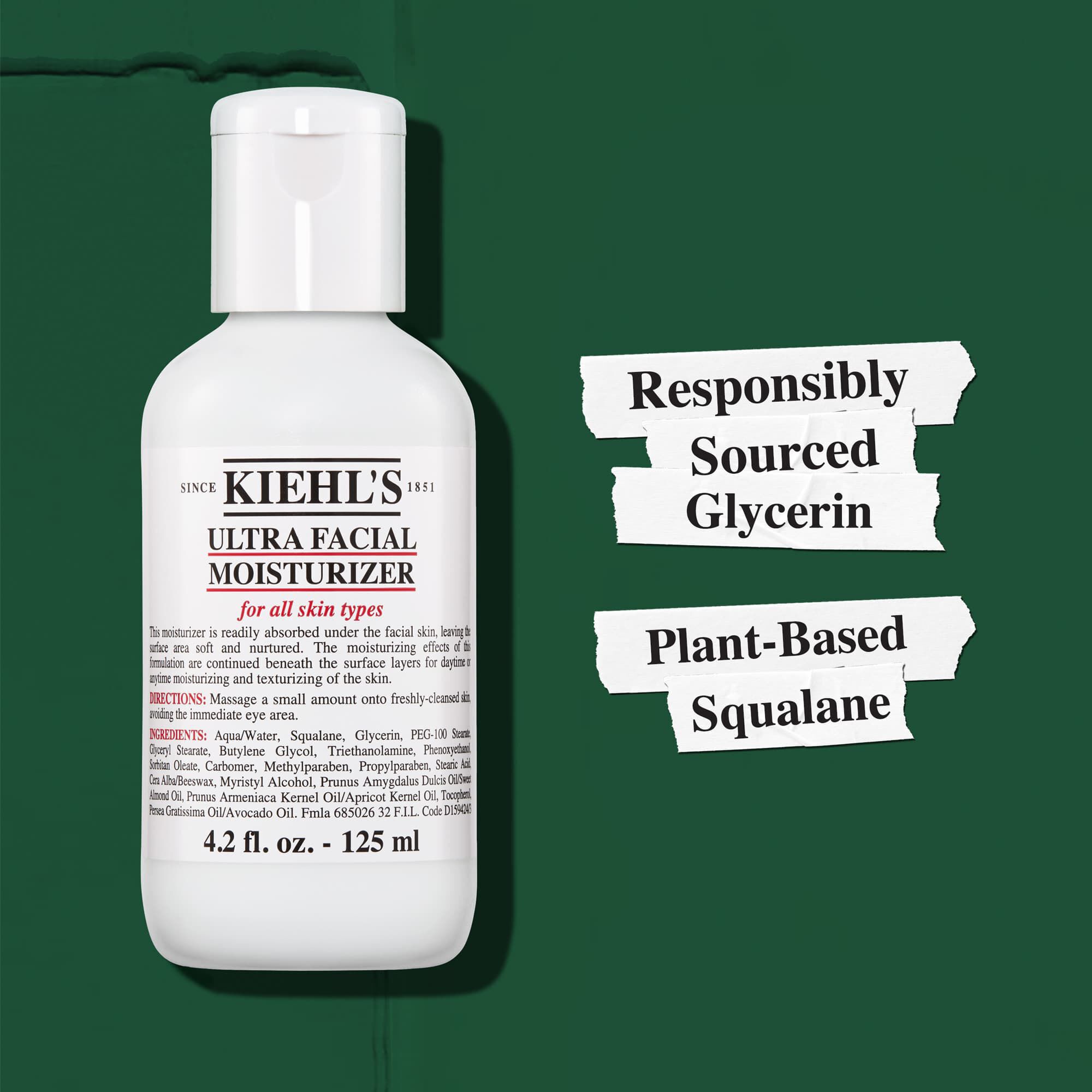 Kiehl's Ultra Facial Moisturizer съдържа отговорно добит Глицерин и растителен Сквалан