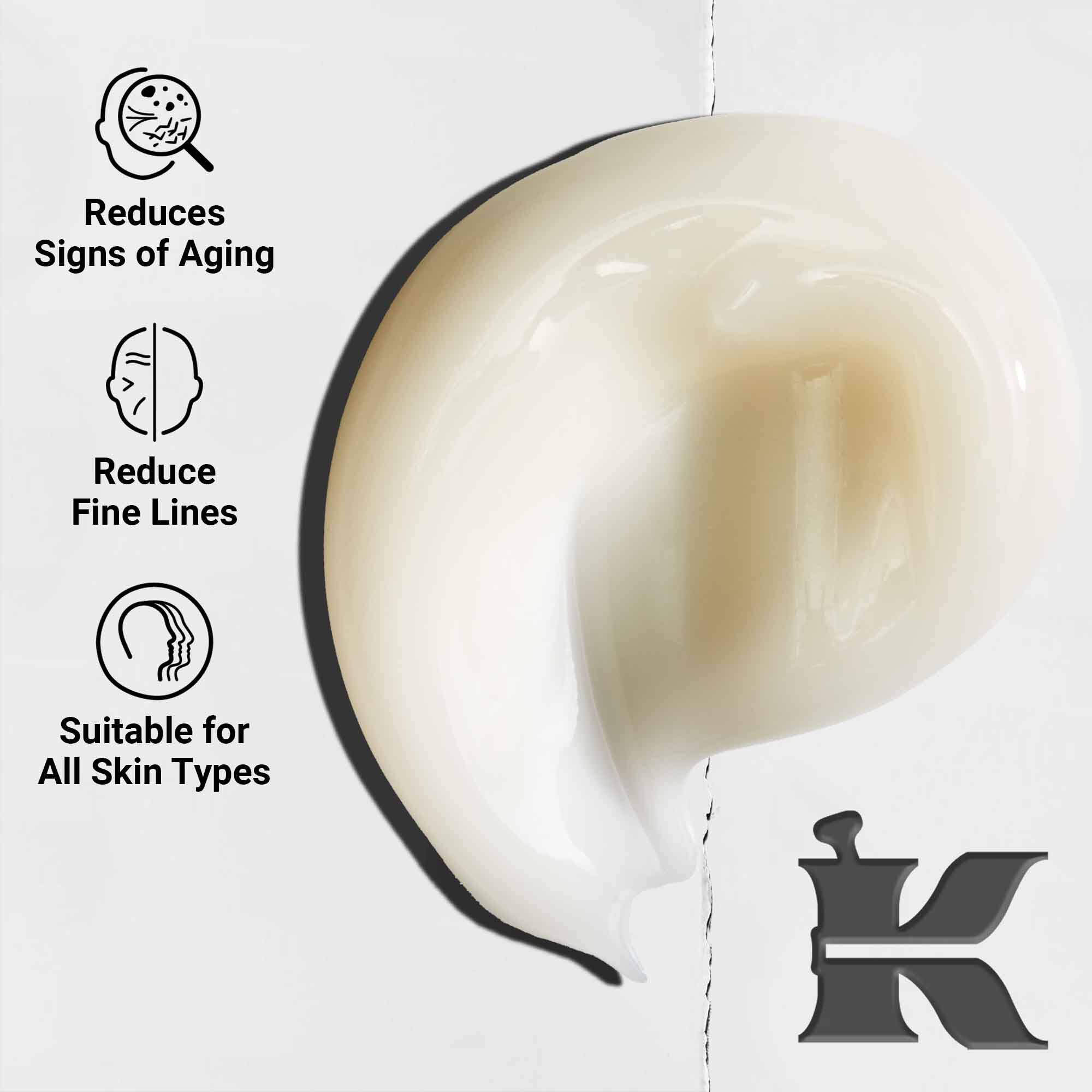 Близък план на текстурата на Age Defender Power Serum; подчертава леката формула, намалява признаците на стареене и фините линии, подходящ за всеки тип кожа.