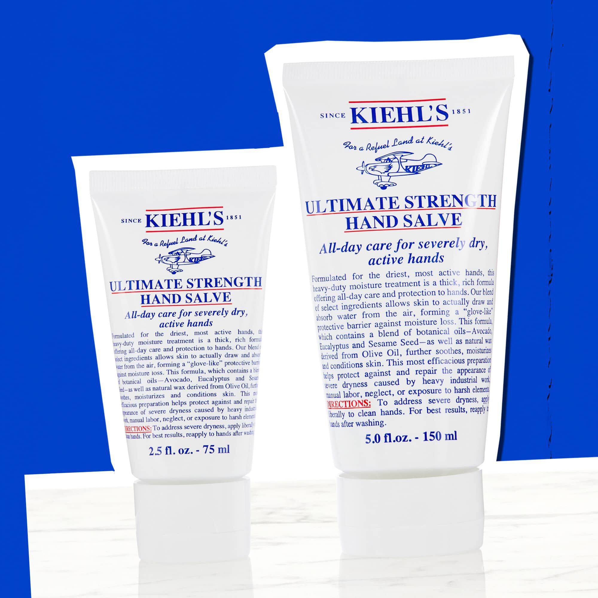 Две тубички Kiehl's Ultimate Strength Hand Salve, илюстриращи наличните размери