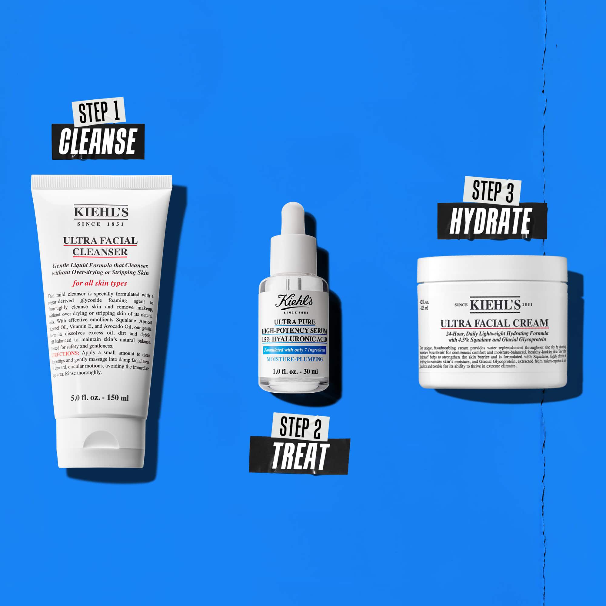 Рутина в три стъпки с продукти на Kiehl's. Стъпка 1: Ultra Facial Cleanser. Стъпка 2: Серум с хиалуронова киселина. Стъпка 3: Ultra Facial Cream.