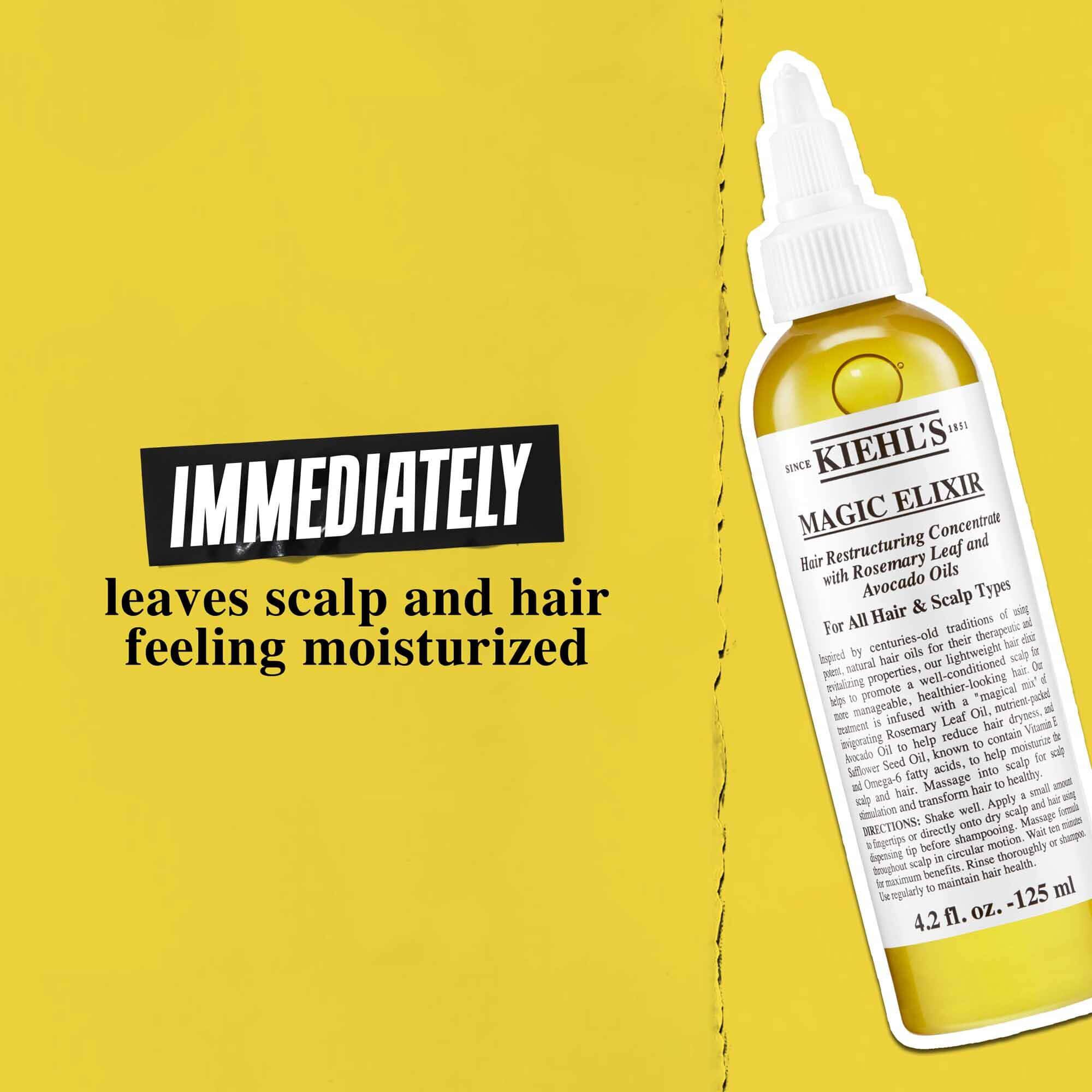 Бутилка Magic Elixir Hair Oil на златист фон с текст: „Незабавно оставя скалпа и косата с усещане за хидратация.“