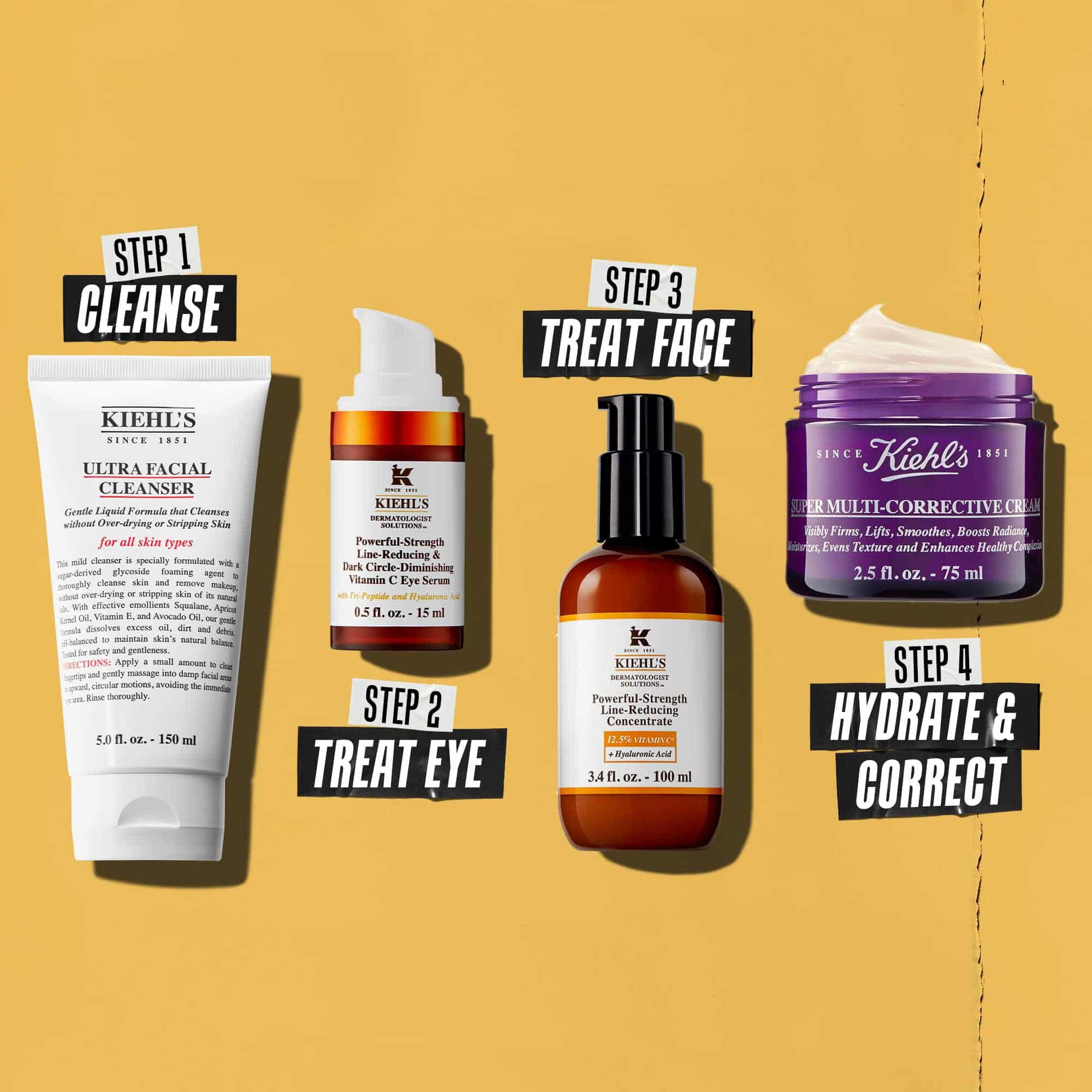 Четири продукта на Kiehl's, представляващи рутина за грижа за кожата. От ляво на дясно: почистващ продукт, околоочен крем, Powerful-Strength Line-Reducing Concentrate и хидратант.