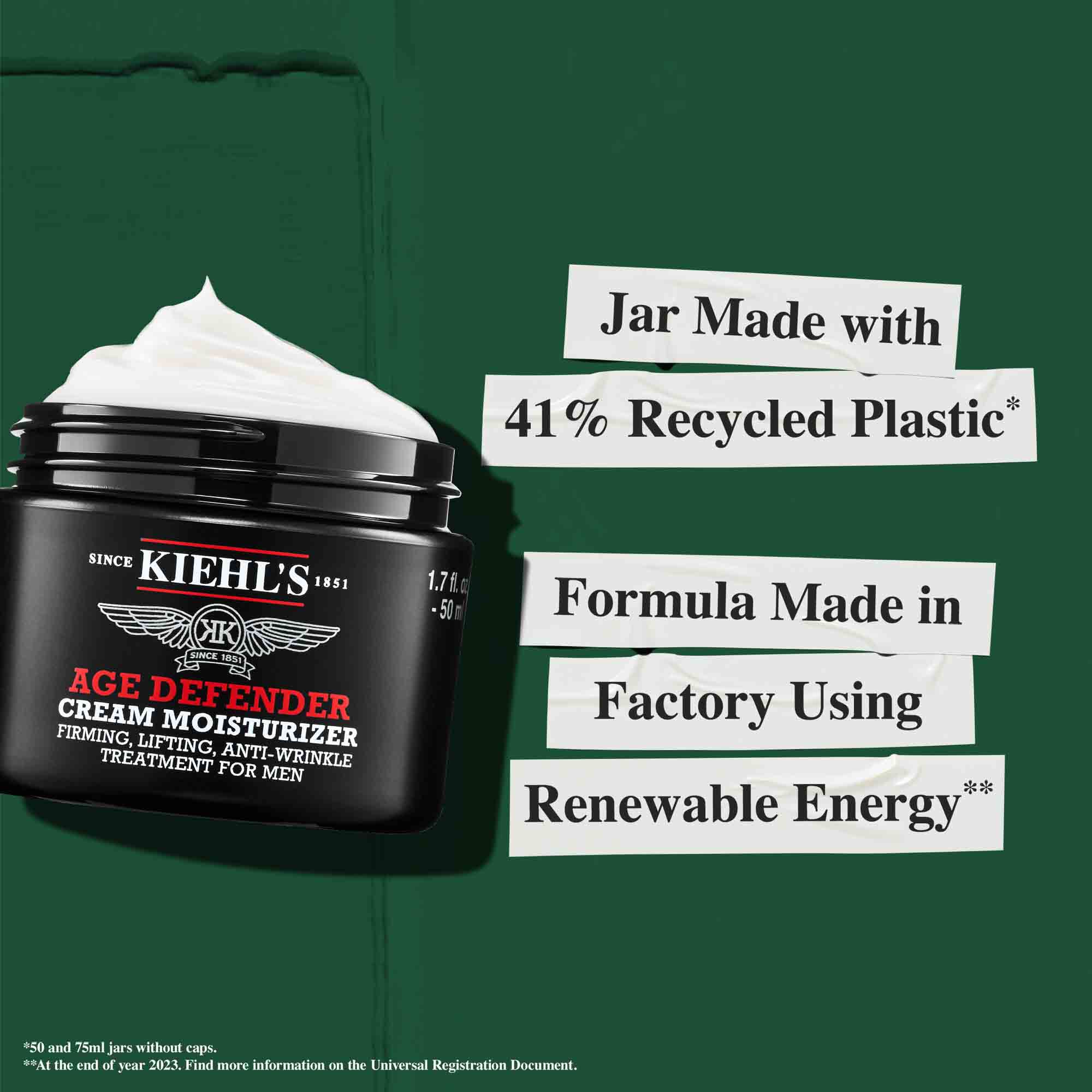 Буркан на Age Defender, изработен от 41% рециклирана пластмаса; формула, произведена с възобновяема енергия.