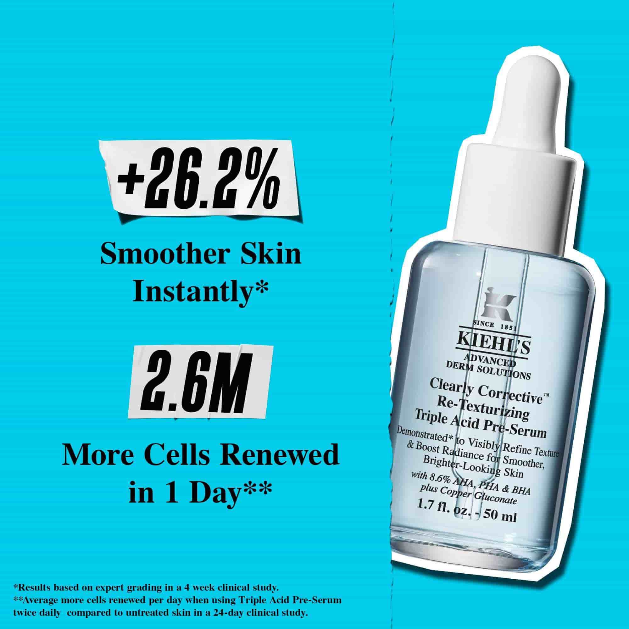 Бутилка Clearly Corrective Triple Acid Peel на син фон с текст: „+41% по-гладка текстура.“