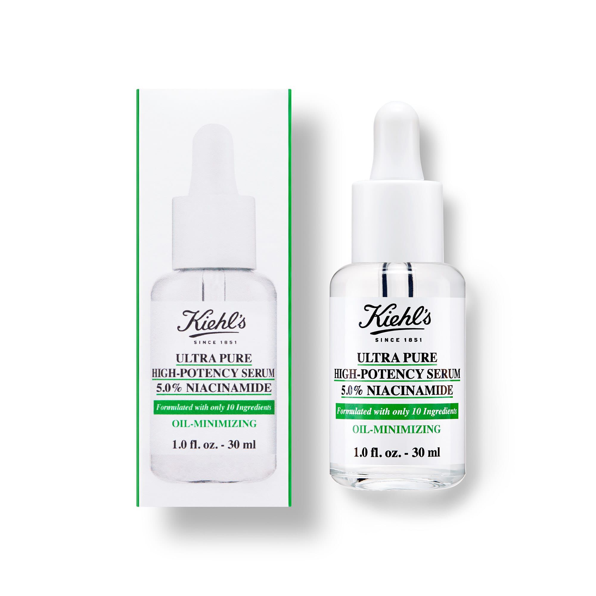 Бутилка и кутия на висококонцентриран серум Kiehl's Ultra Pure с 5,0% ниацинамид