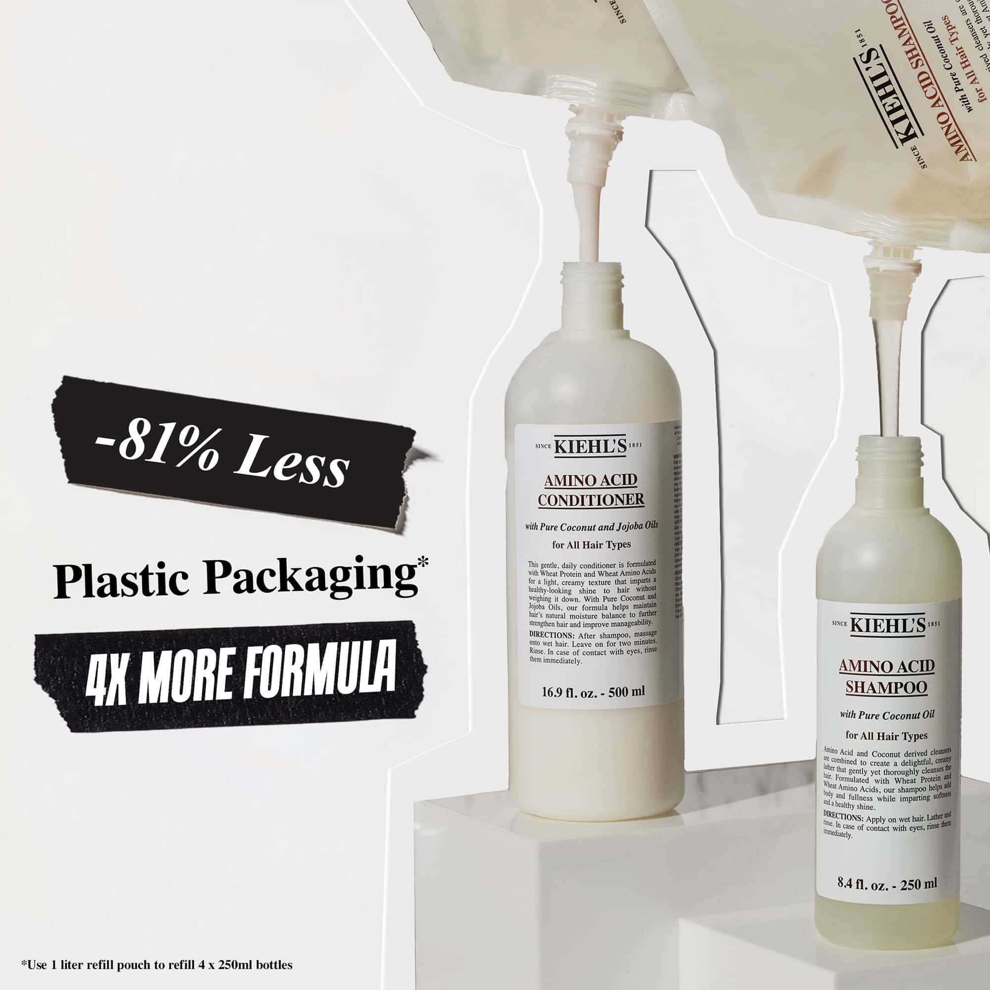 Бутилки шампоан и балсам Kiehl's Amino Acid с рекламен текст, подчертаващ 81% по-малко пластмасови опаковки и 4 пъти повече формула.