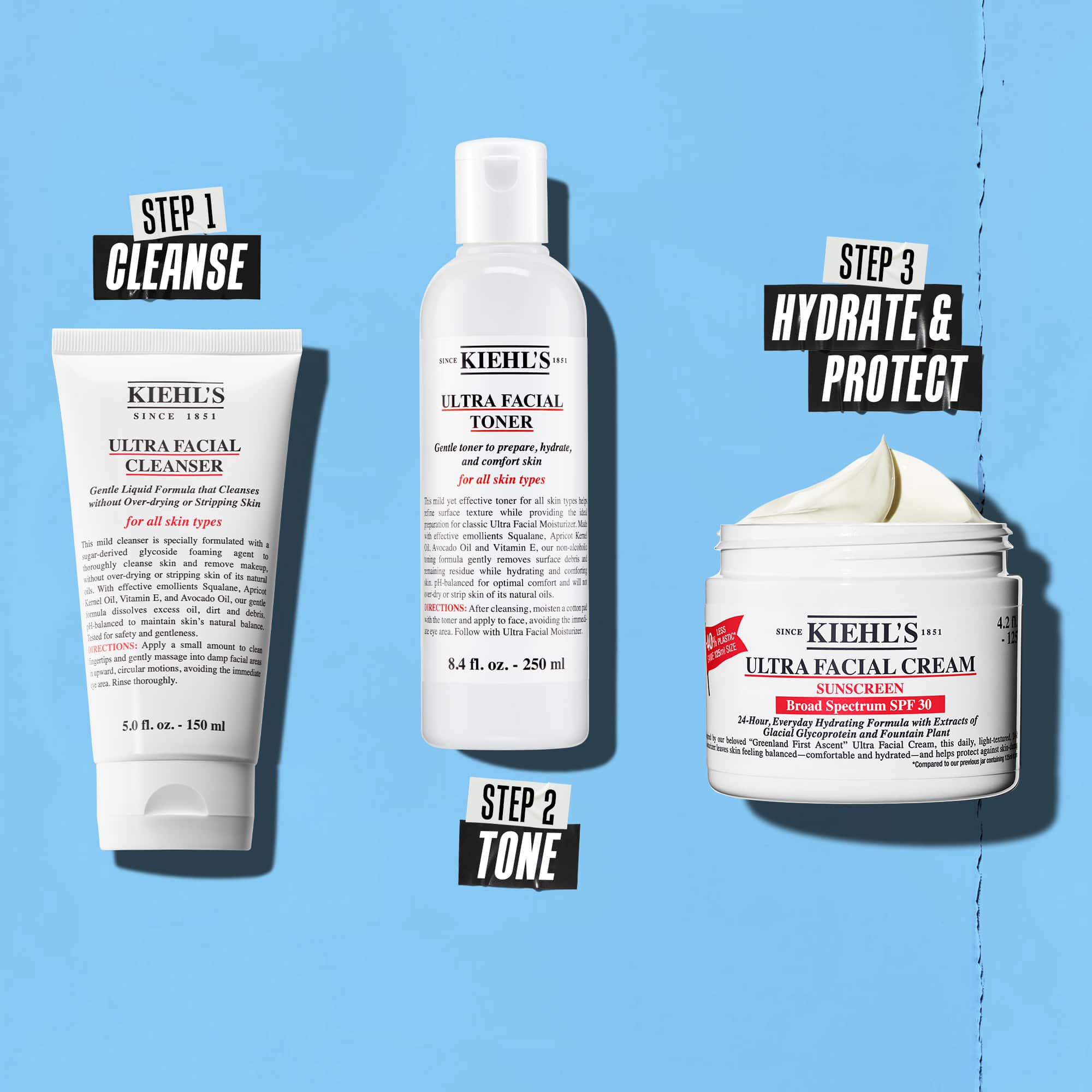 Рутина в три стъпки с продукти на Kiehl's. Стъпка 1: Ultra Facial Cleanser. Стъпка 2: Ultra Facial Toner. Стъпка 3: Ultra Facial Cream SPF 30.