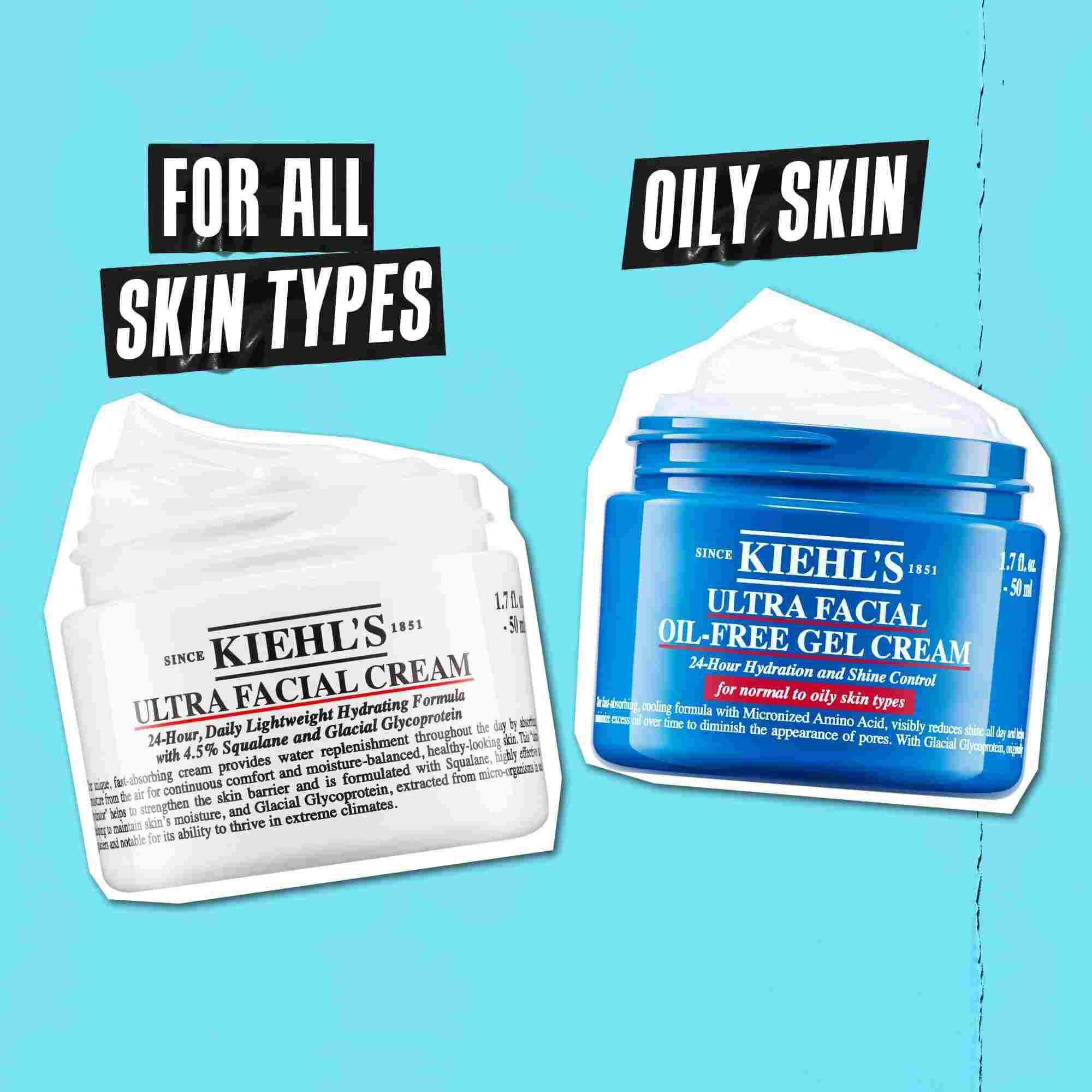 Две бурканчета на Kiehl's, показани едно до друго на син фон. Ultra Facial Cream е с етикет „За всички типове кожа“, а Ultra Facial Oil-Free Gel Cream е с етикет „Мазна кожа“.