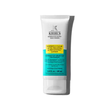 Туба от 60 мл Kiehl's Expertly Clear Blemish-Treating & Preventing Lotion на бял фон.