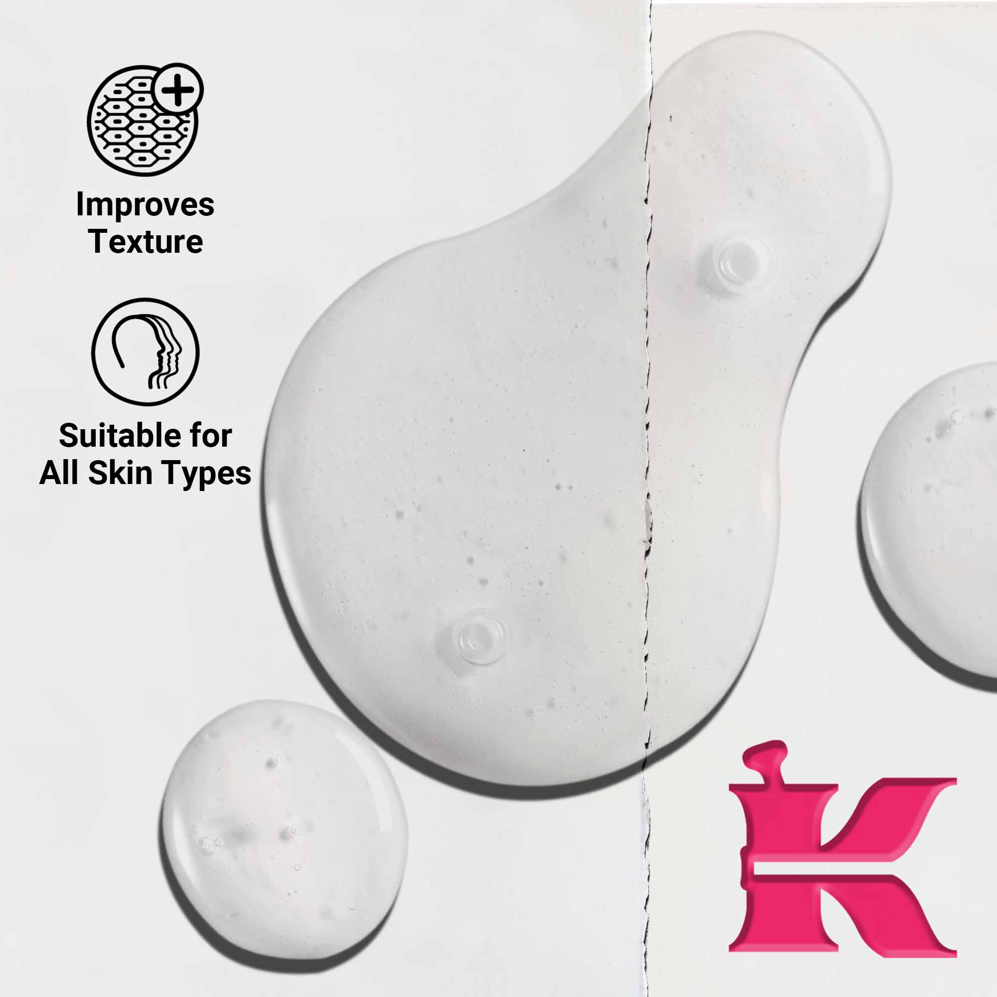 Близък план на текстурата на Ultra Pure 9.8% Glycolic Acid Serum, показващ прозрачни течни капки. Текстът подчертава способността му да подобрява текстурата и пригодността му за всички типове кожа.