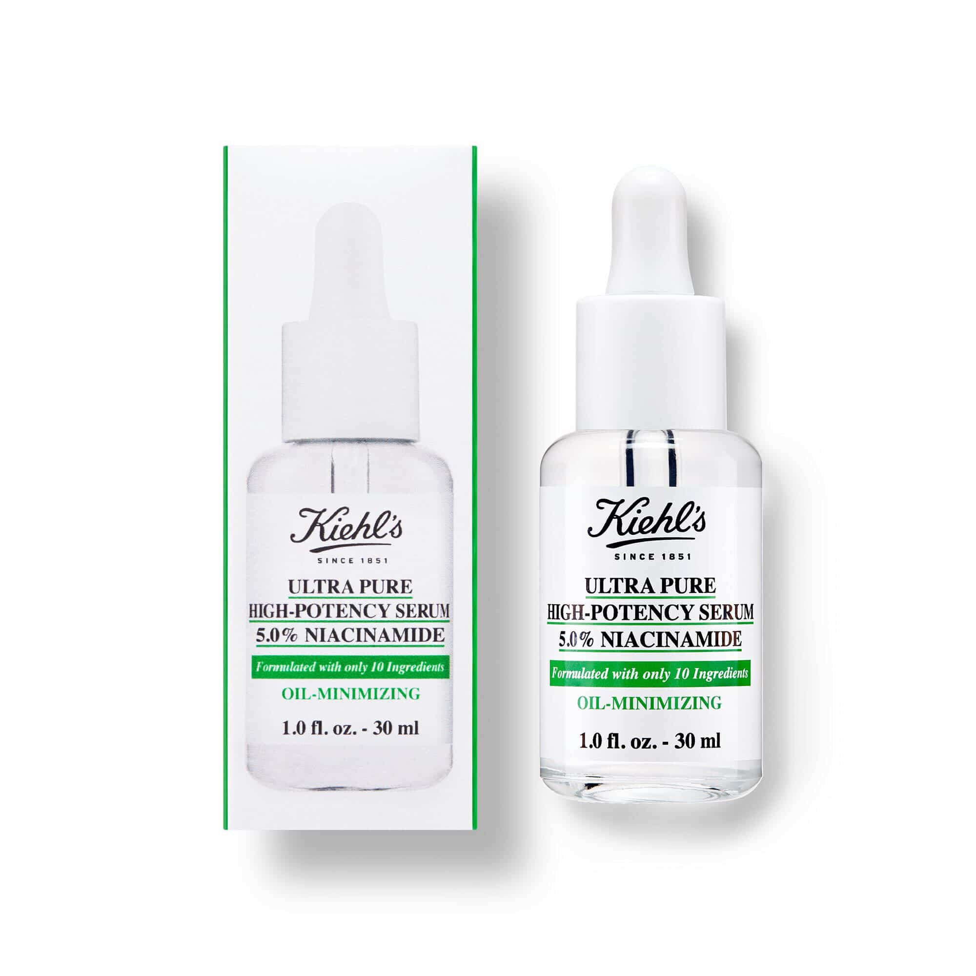 Бутилка и кутия на висококонцентриран серум Kiehl's Ultra Pure с 5,0% ниацинамид