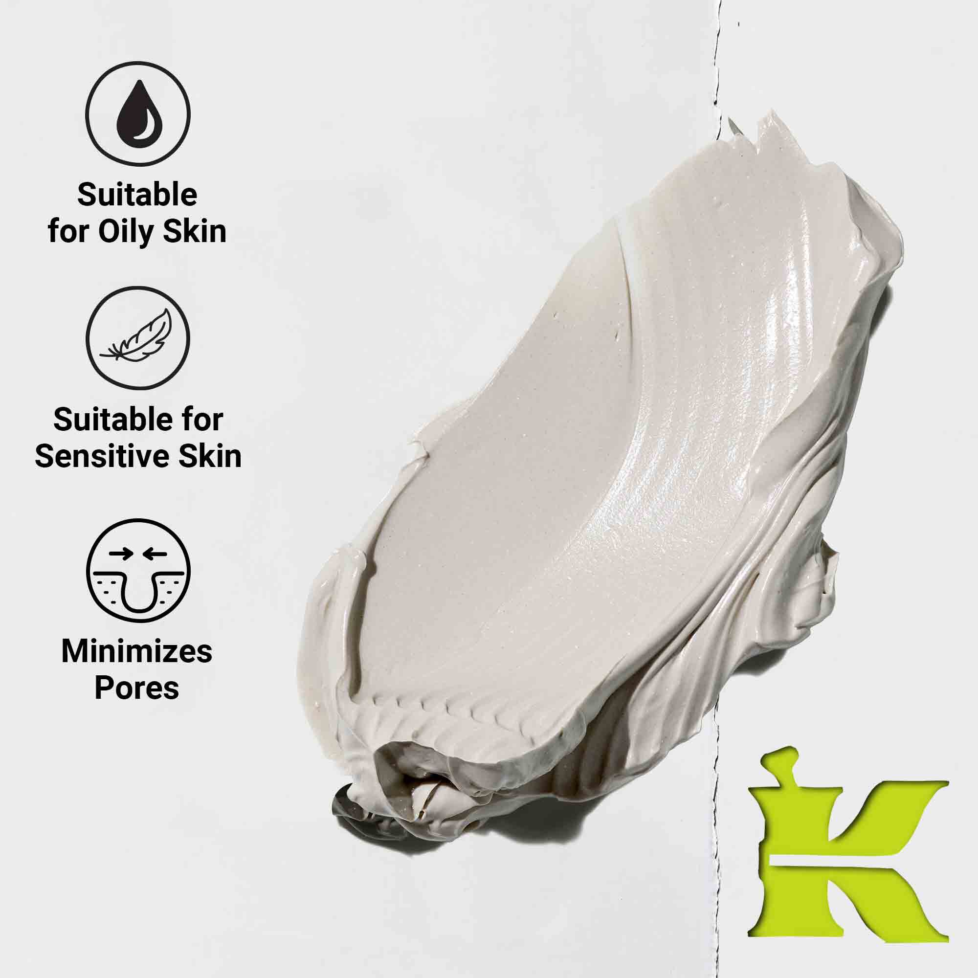 Снимка на текстурата с икони, посочващи, че намалява порите, съдържа естествени съставки и е за всеки тип кожа