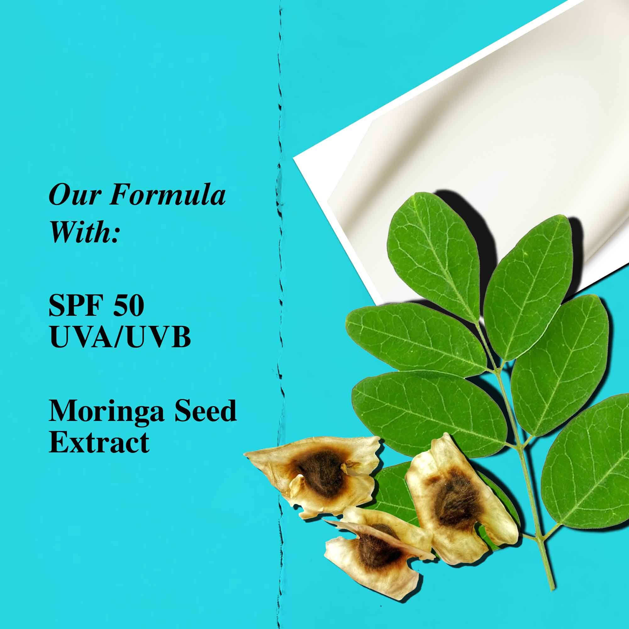 Графика, подчертаваща ключовите съставки на Ultra Light Daily UV Defense Aqua Gel, включително SPF 50 и екстракт от семена на моринга.