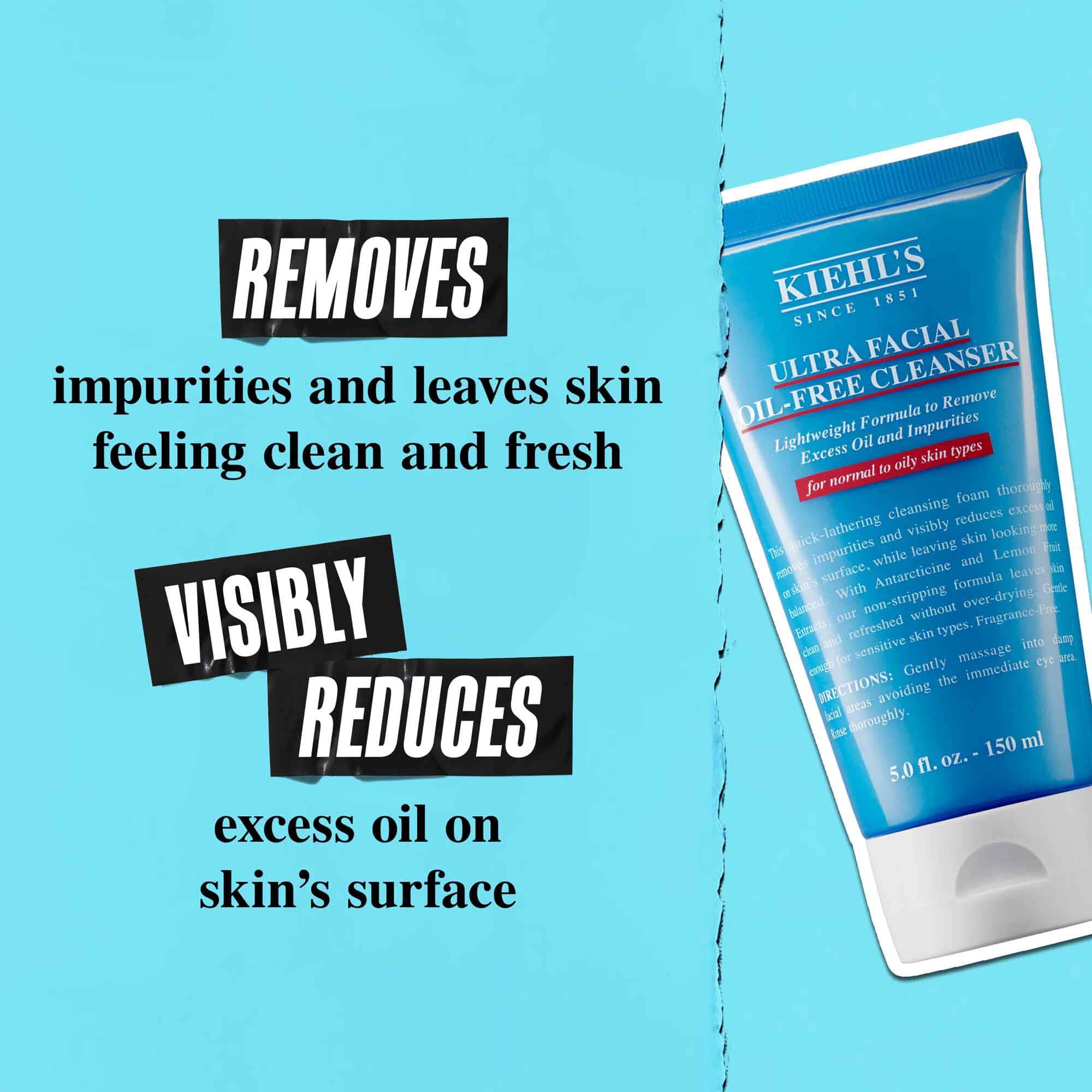Туба Ultra Facial Oil-Free Cleanser на син фон с текст: „Премахва омазняването и оставя кожата видимо с намалено излишно омазняване по повърхността.“
