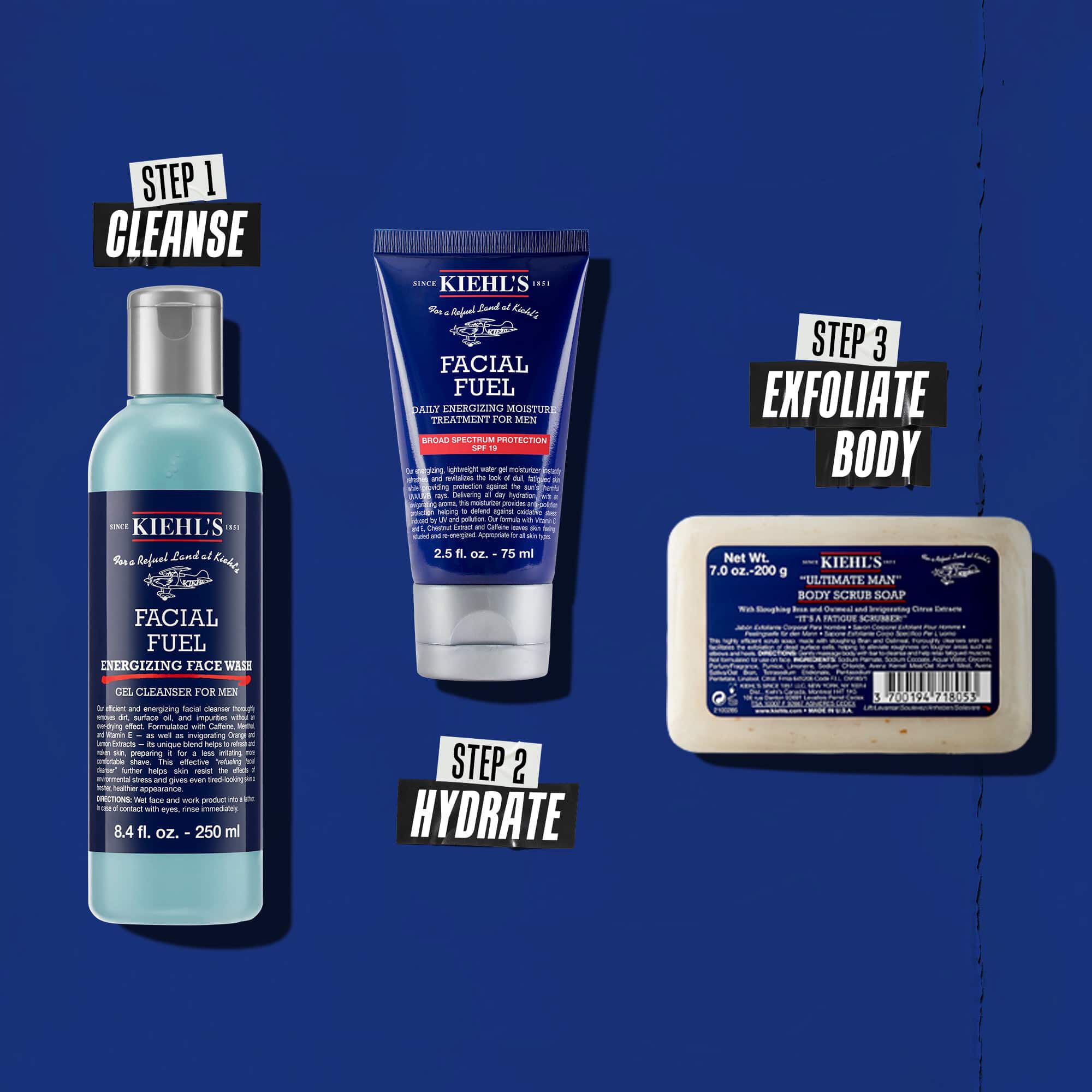 Три продукта на Kiehl's, представляващи рутина. От ляво на дясно: Facial Fuel Cleanser, Facial Fuel Moisturizer и Ultimate Man Body Scrub Soap.