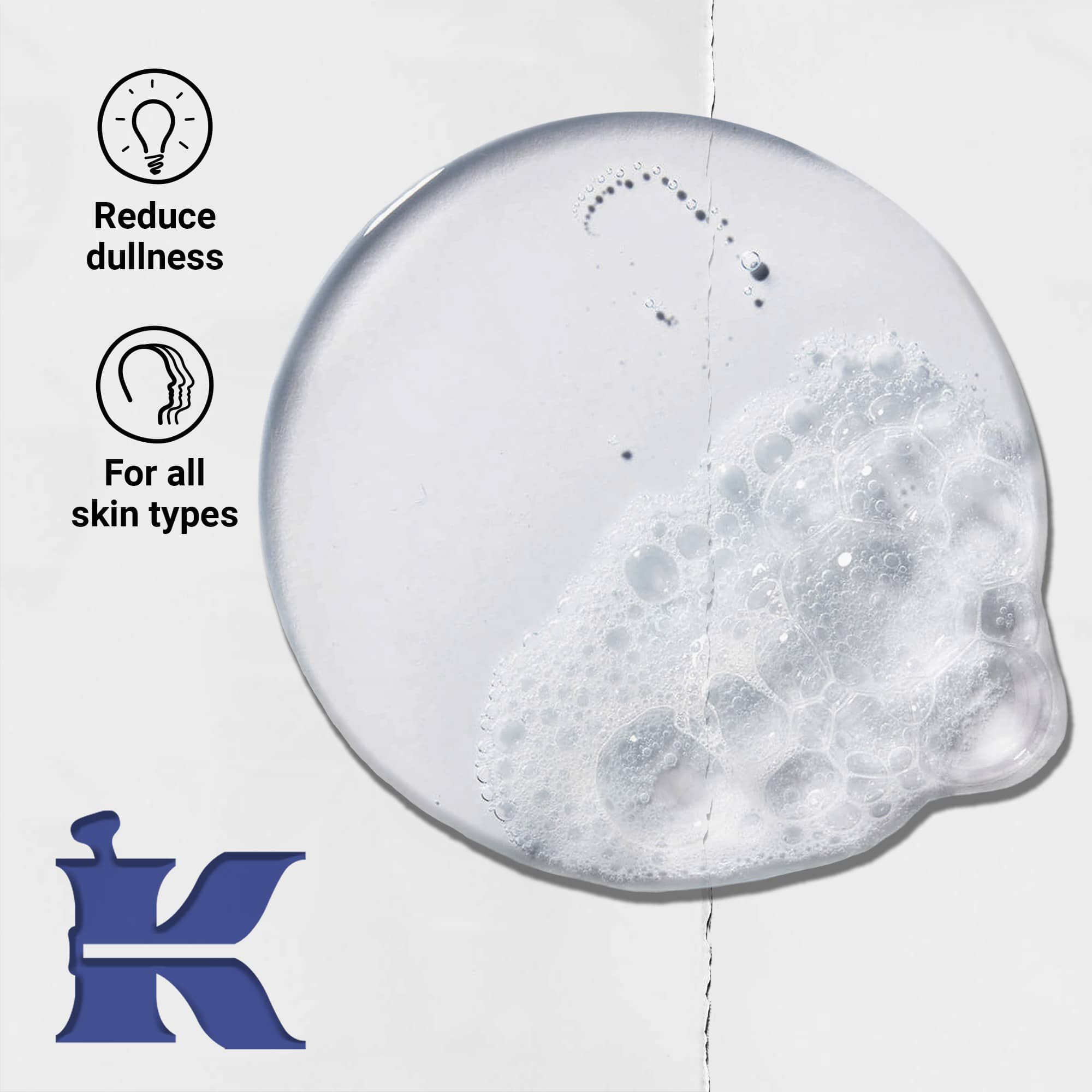 Снимка на текстурата на Facial Fuel с икони, показващи, че намалява сивотата и е за всеки тип кожа