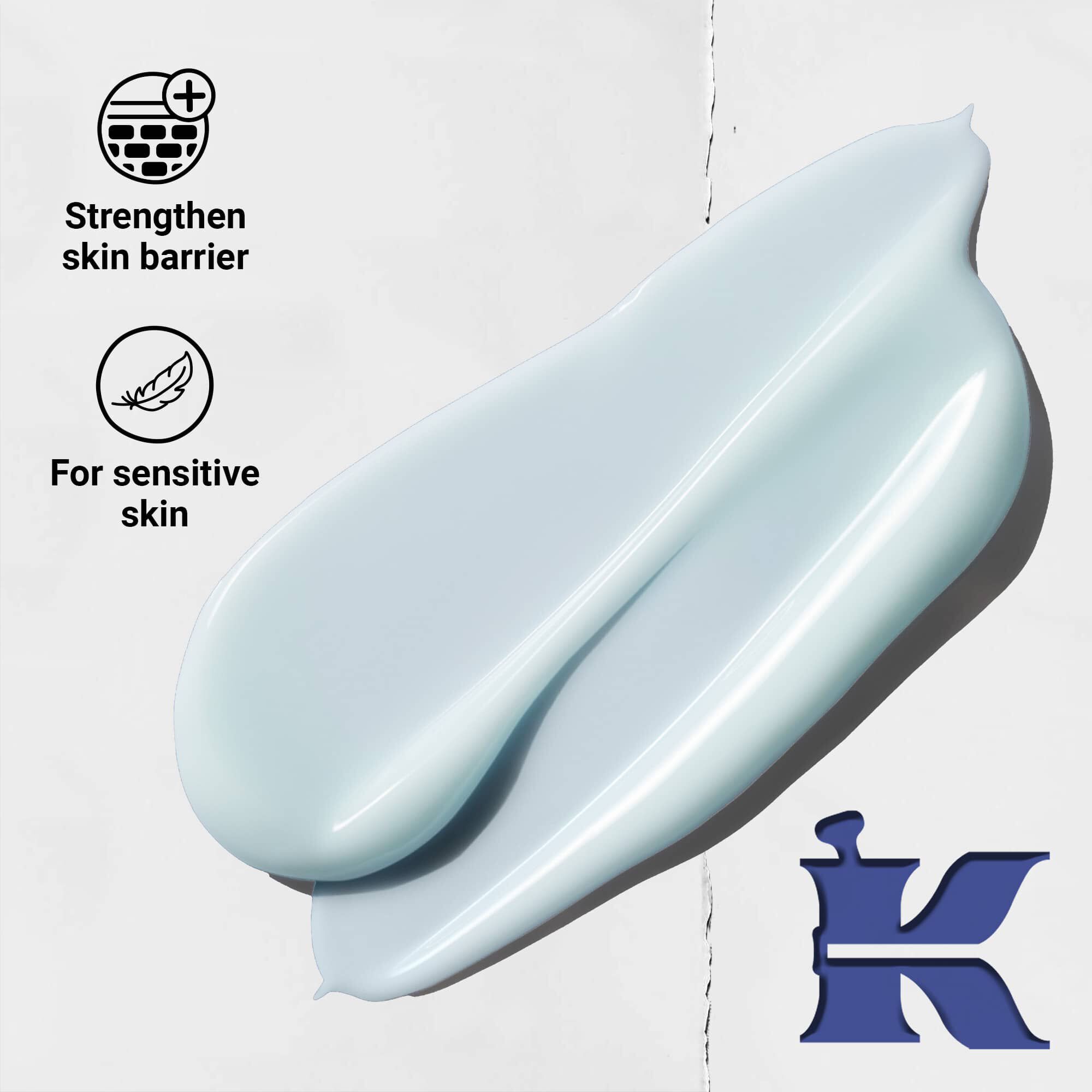 Снимка на текстурата на Facial Fuel с икони, показващи, че укрепва кожната бариера и е за чувствителна кожа