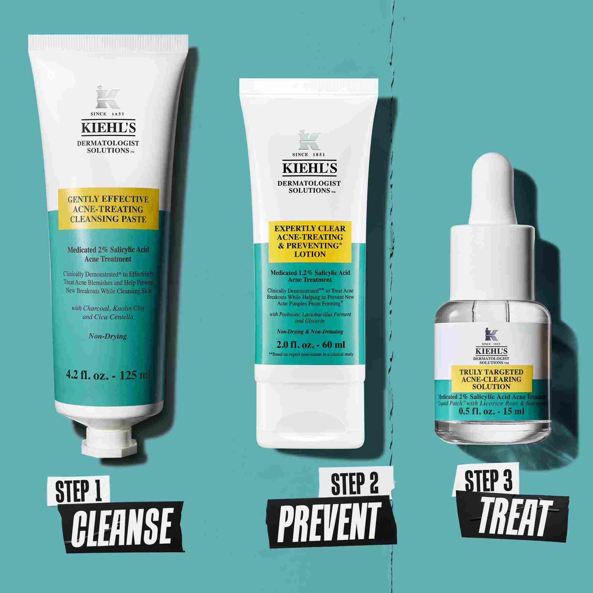 Рутина за почистване на несъвършенства в три стъпки с продукти на Kiehl's. Стъпка 1: Почистваща паста за третиране на несъвършенства. Стъпка 2: Лосион за третиране и предотвратяване на несъвършенства. Стъпка 3: Целенасочен разтвор за почистване на несъвършенства.