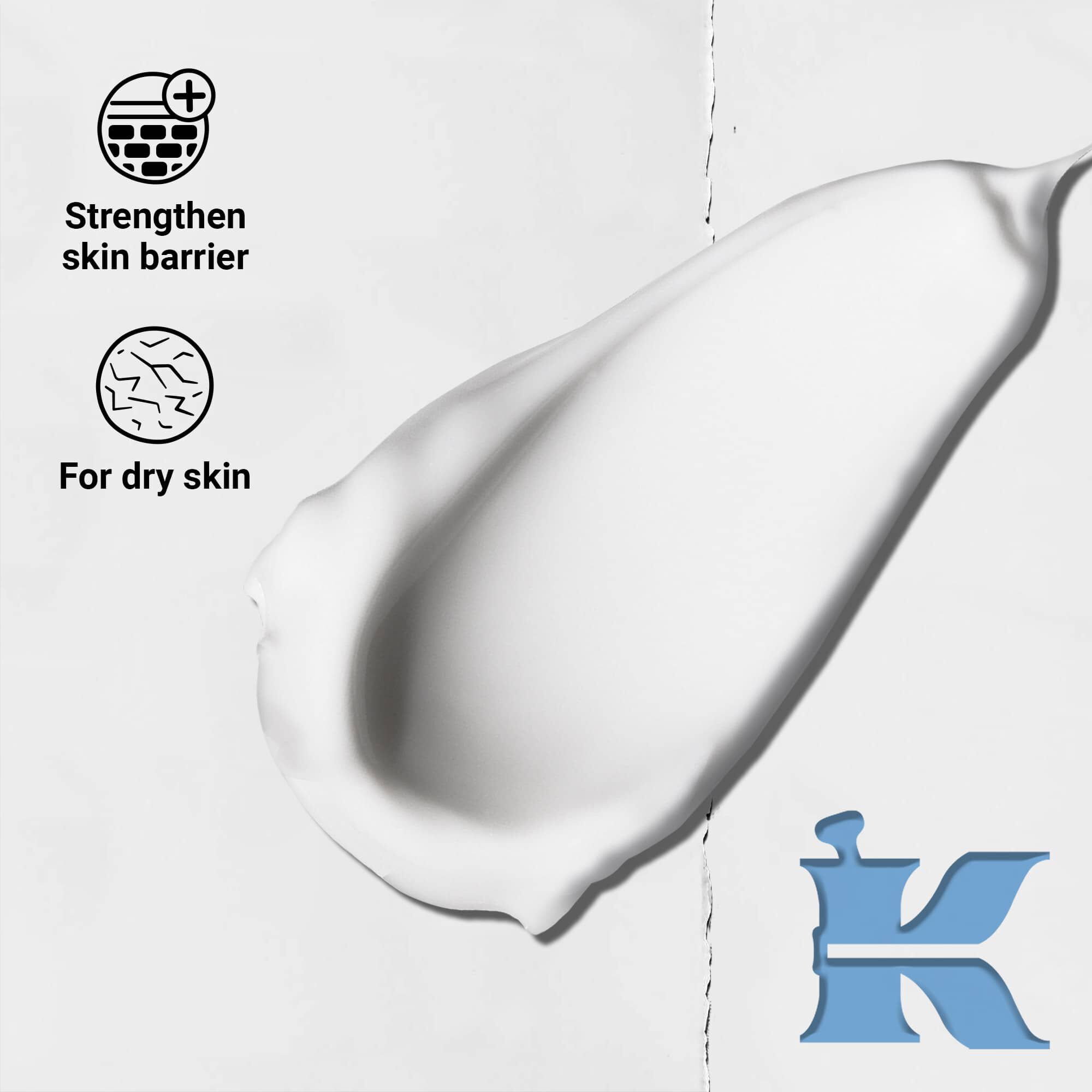 Снимка на текстурата с икони, показващи, че укрепва кожната бариера и е за суха кожа