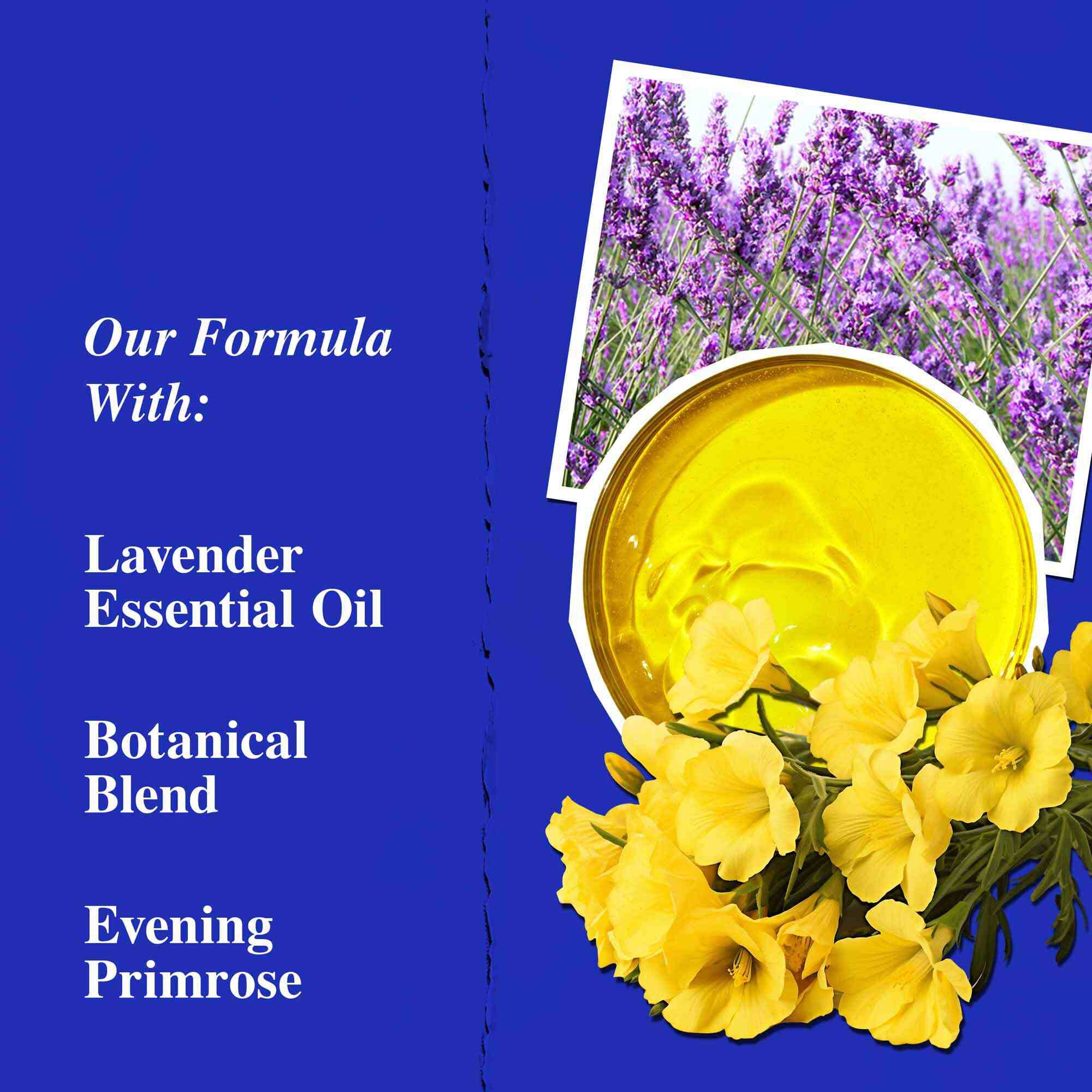 Ключови съставки на Midnight Recovery Concentrate, подчертаващи етерично масло от лавандула, масло от вечерна иглика и сквалан.