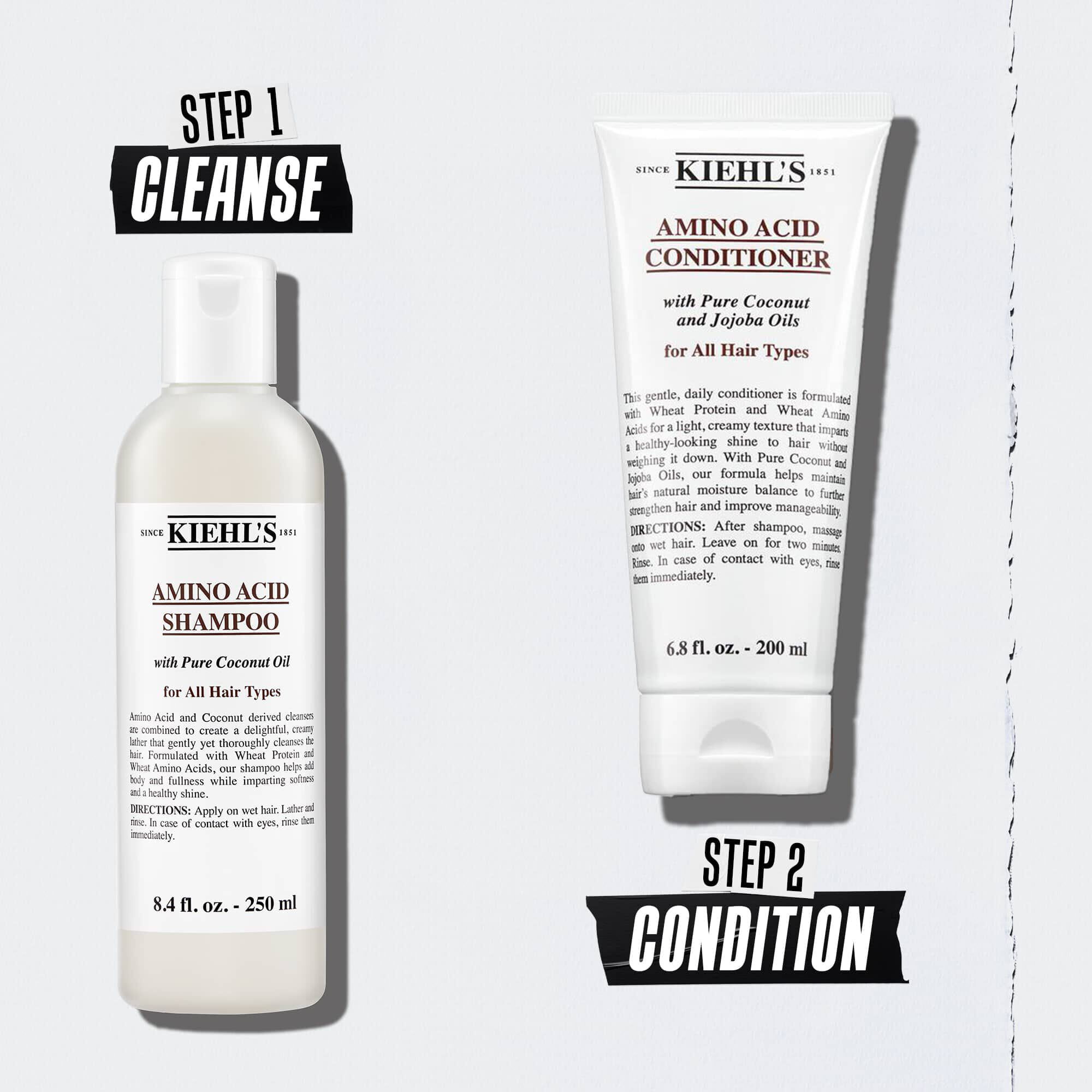 Илюстрация на рутина за грижа за косата с аминокиселини Kiehl's с бутилки – Стъпка 1 Почистване Стъпка 2 Кондиция