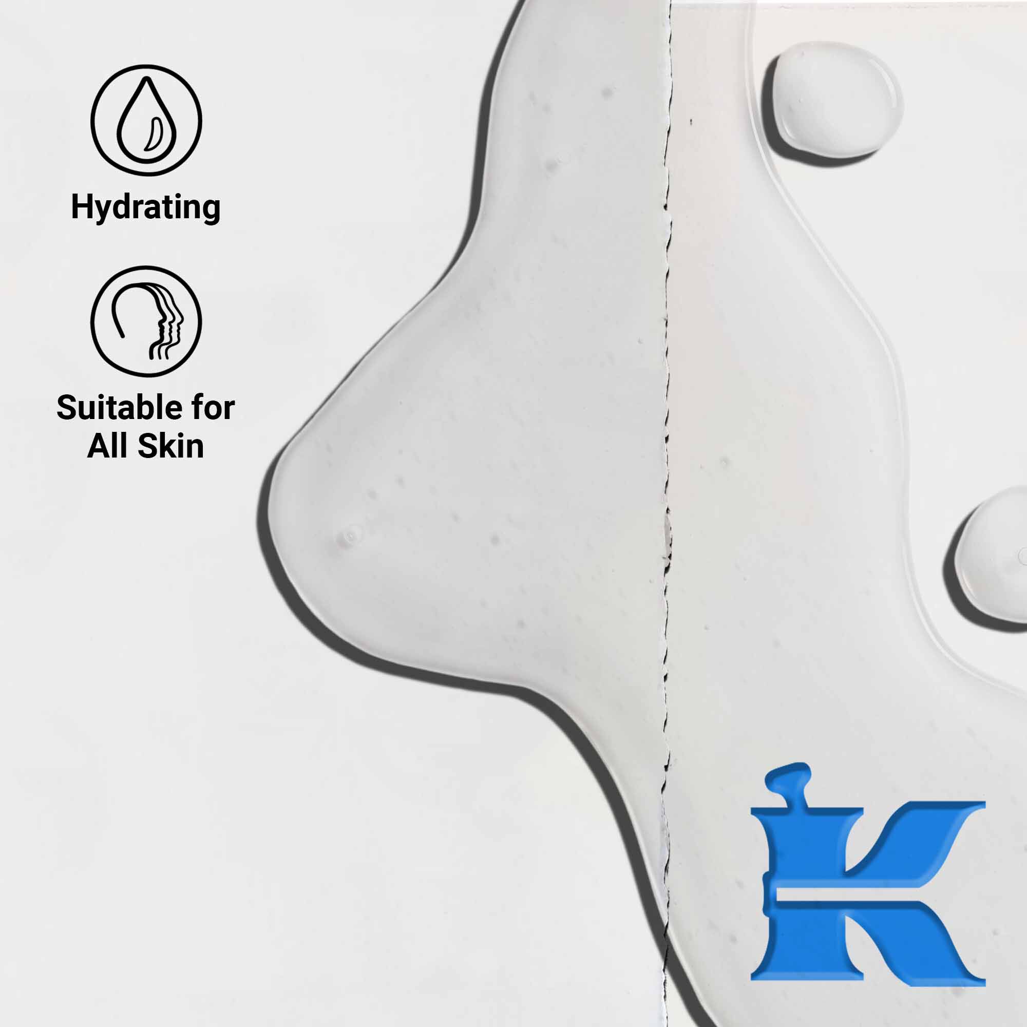 Близък план на текстурата на Ultra Pure 1.5% Hyaluronic Acid Serum, показващ прозрачни течни капки. Текстът подчертава хидратиращите ползи и пригодността за всички типове кожа.