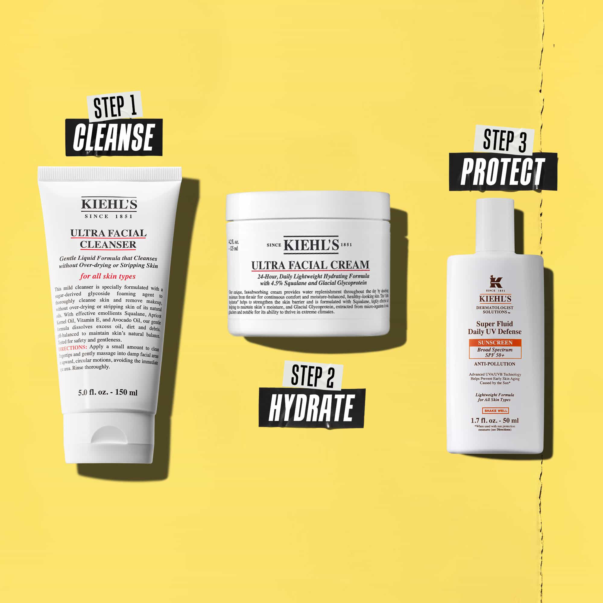 Три продукта на Kiehl's, представляващи рутина. От ляво на дясно: почистващ продукт, хидратант и слънцезащитен крем.