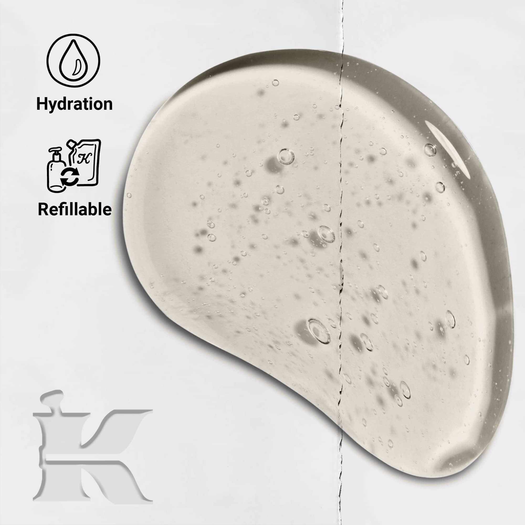 Снимка на текстурата на Amino Acid Shampoo с икони, показващи, че може да се презарежда и осигурява хидратация