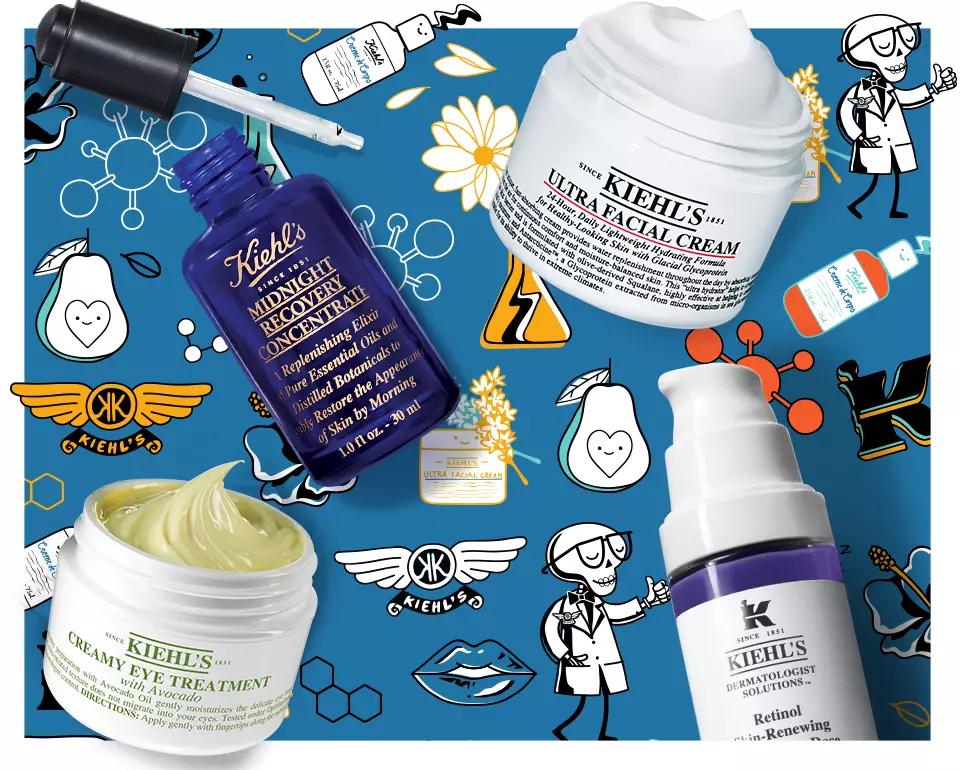 Козметични продукти на Kiehl's, включващи серум, крем за лице и маска, разположени на цветен фон.