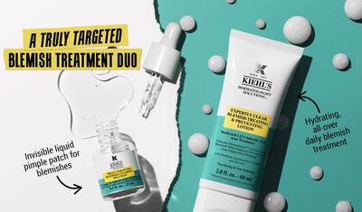 A graphic featuring Kiehl's acne treatment products, including an invisible liquid pimple patch and a lotion, both labeled for acne treatment with a focus on hydration and prevention.