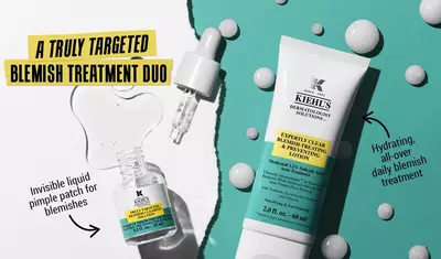 A graphic featuring Kiehl's acne treatment products, including an invisible liquid pimple patch and a lotion, both labeled for acne treatment with a focus on hydration and prevention.