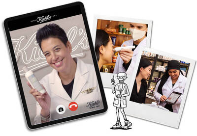 A collage featuring a smiling professional holding a skincare product, alongside images of consultations in a store setting. The Kiehl's logo is prominently displayed, and there's a cartoon figure illustrating customer engagement.