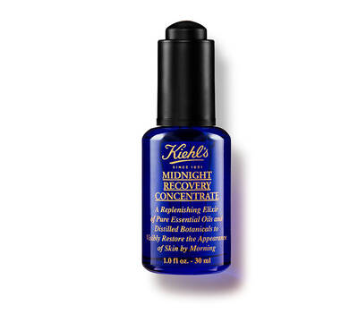 Серум за лице Kiehl's Midnight Recovery Concentrate в син флакон, 30 мл, предназначен за възстановяване на кожата.