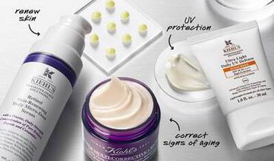 Продукти за грижа за кожата от Kiehl's: серум, крем против стареене и слънцезащитен крем.