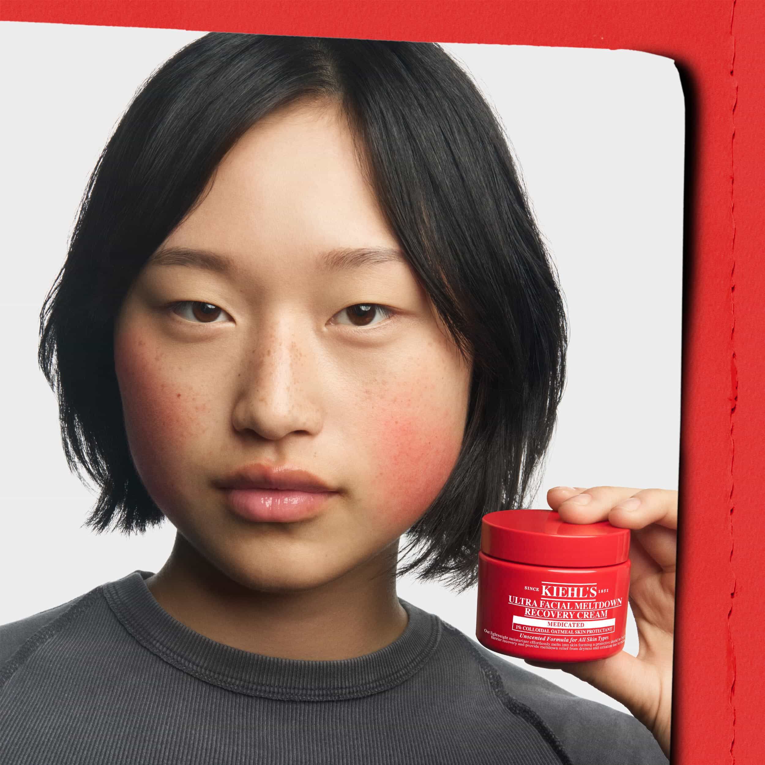 Hand applying cream to face with the text “Apply to Face” on a red-bordered background.