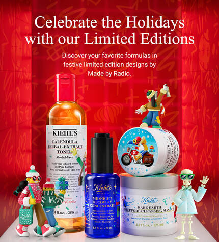 A festive display featuring limited edition beauty products and holiday-themed decorations, alongside colorful figurines. The background features a vibrant red design with holiday motifs. Text reads, "Celebrate the Holidays with our Limited Editions."