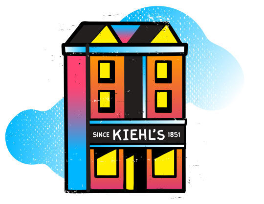 Илюстрация на ярко оцветена сграда с надписи 'Kiehl's' и 'since 1851'. Арт стил с геометрични форми.