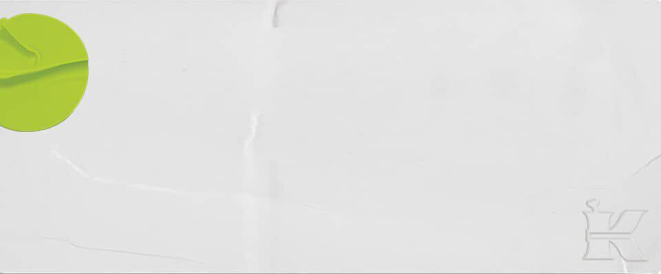 A minimalist design featuring a green circular shape on the left side against a white background, with faint lines and the letter "K" on the right.