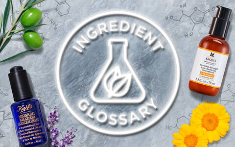 A flat lay image featuring various skincare products, including bottles with blue and amber liquids, surrounded by natural ingredients like flowers, olives, avocado, and herbs, with a white "Ingredient Glossary" logo in the center.