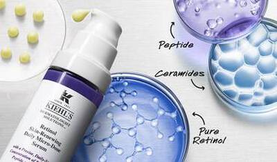 Серум за лице с ретинол от Kiehl's, показващ молекули пептиди, церамиди и чист ретинол на цветен фон.