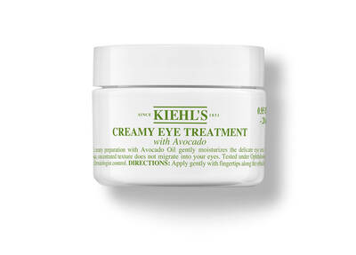 Крем за очи Kiehl's с авокадо, хидратираща формула, в бяло контейнерче с зелен надпис.