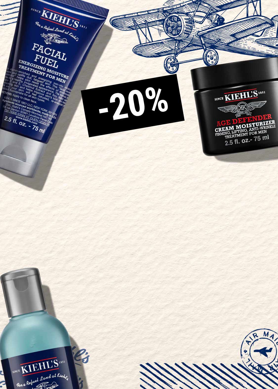 Визия с бял фон, скица на самолет и продукти на Kiehl's.